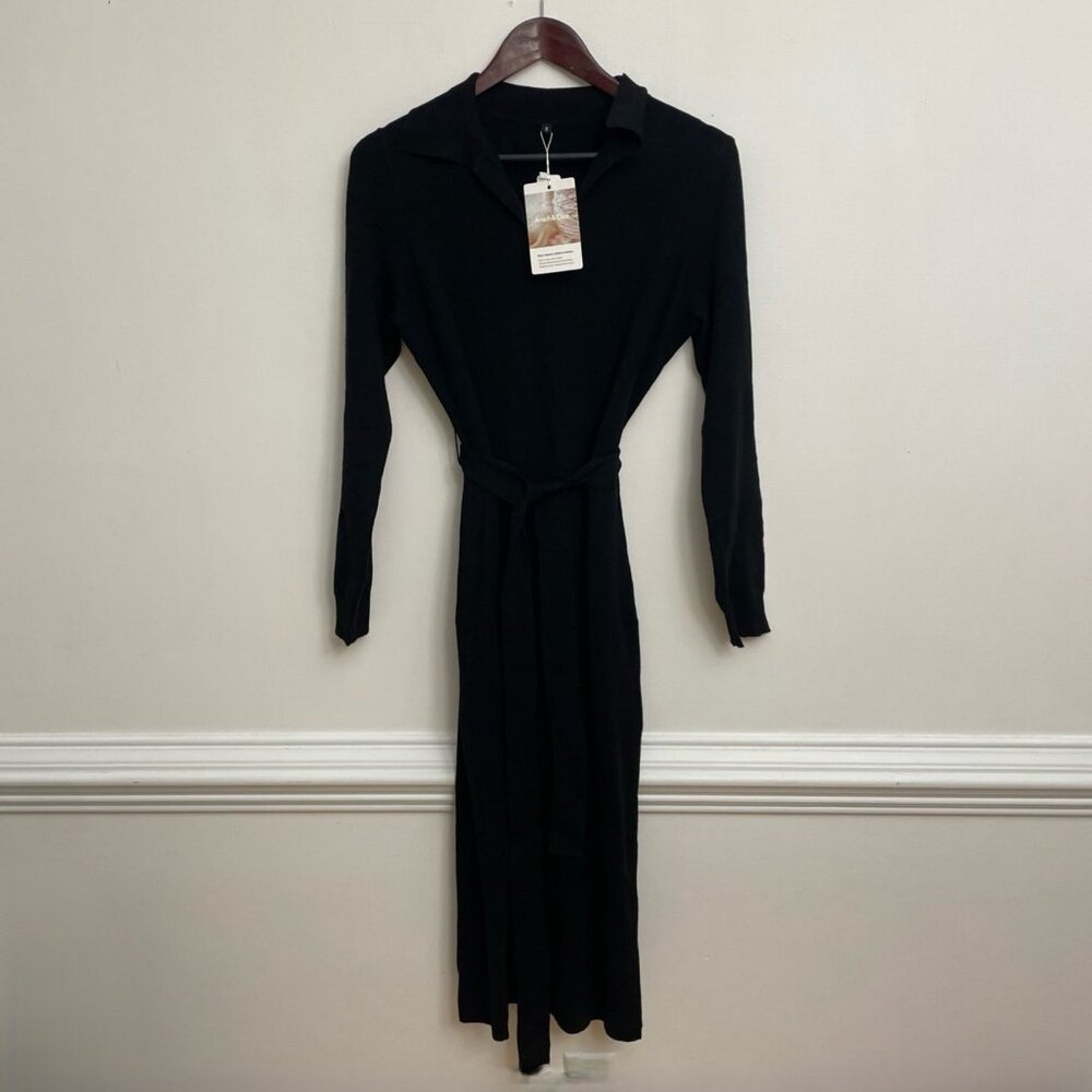Arach & Cloz Sweater Dress Size S Black Belted‎ Neutral Minimalist Capsule